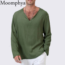Moomphya V neck Cotton linen men t shirt Long sleeve solid color t-shirt men loose Casual tshirt summer tops tee shirt homme 2024 - buy cheap