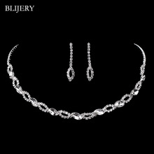 BLIJERY Simple Rhinestone Crystal Bridal Jewelry Sets Silver Color Leaves Choker Necklace Earrings Wedding Jewelry Set for Women 2024 - buy cheap
