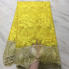Novo design africano tecidos de renda de alta qualidade tecido de pedra francesa de renda para vestido de festa tecido nigeriano com contas laranja amarelo 2024 - compre barato