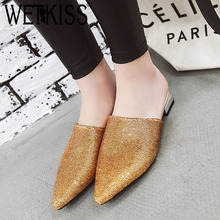 WETKISS Sequined Slippers Women Pointed Toe Footwear Slides Bling Shoes Female Low Heels Mules Shoes Woman Summer Plus Size 48 2024 - buy cheap