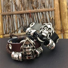 New Punk Genuine Leather Bracelets For Men Women Trendy Rock Skull Decoration Hand Woven Rope Beads Bracelet For Boys Girls 2024 - buy cheap