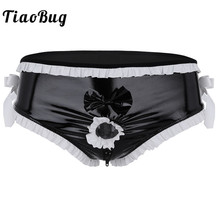 TiaoBug Mens Lingerie Shiny Faux Leather Open Front Penis Ring Ruffle Bowknot Zipper Crotch Bikini Briefs Hot Sissy Underwear 2024 - buy cheap