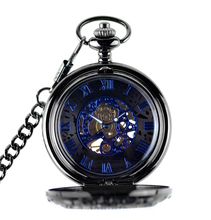 # S028 # steampunk azul dial números romanos relógio de bolso mecânico masculino mulher esqueleto mão vento bolso & fob relógio corrente colar 2024 - compre barato