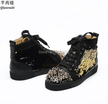 Qianruiti Fashion Men Casual Shoes Sequined Cloth Sneakers Platform Flats Shoes High Top Glitter Sneakers Rivet Studs Shoes 2024 - buy cheap