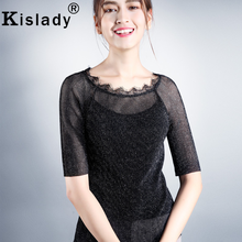 Kislady-Camiseta de seda brillante para mujer, retales grandes de malla transparente, Tops de primavera y verano, Camisa de media manga de hadas 2020 2024 - compra barato