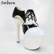 Sorbern Black And White Shiny Women Pumps Lace Up Super High Heels Platform Round Toe Platform Shoes Patent Leather Heels 2018 2024 - купить недорого
