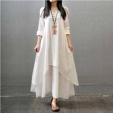 Fake Two Piece Cotton Linen Solid Color Women Dress 2016 Autumn New Long Sleeve Round Neck Loose Plus Size Irregular Dress 2024 - buy cheap