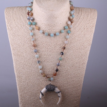 Fashion Bohemian Tribal Artisan Jewelry Rosary Chain Amazonite Stones Ox Horn Moon Pendant Necklace For Women 2024 - buy cheap