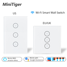 Interruptor inteligente de parede wi-fi tuya, interruptor touch inteligente de parede, painel de vidro, aplicativo móvel, controle remoto, funciona com amazon alexa, google home, eua, ue, reino unido