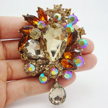 3.15"Vintage Brown Crystal Rhinestone Flower Drop Gold Tone Brooch Pin Pendant 2024 - buy cheap