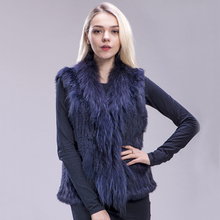 ZDFURS* Free shipping womens natural real  rabbit fur vest  with raccoon fur collar  waistcoat/jackets rabbit knitted winter 2024 - buy cheap