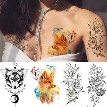 IORIKYO-tatuaje falso Sexy para mujer, tatuaje temporal de flor de zorro, rosa, Lobo geométrico, acuarela, pegatinas 3D 2024 - compra barato