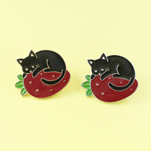 Animal Brooches black Cat Enamel Pins Cartoon Cat Strawberry Ladies Collar Backpack Lapels Badges Jewelry brosa Broche 2024 - buy cheap