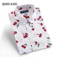 Qihuang вишня печати рубашка Для женщин Блузка с длинными рукавами Мода отложным Подпушка хлопковая шифоновая рубашка плюс Размеры дамы Блузки для малышек Топы 2024 - купить недорого