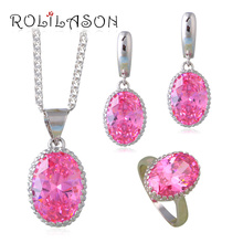 ROLILASON Pink Princess Jewelry Set Champagne silver plated Earrings Necklaces Rings for Wedding Jewelry JS664 2024 - buy cheap