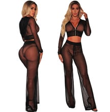 Mesh See Through Full Sleeve Hooded Club Jumpsuits Sexy V Neck Zipper Up Hollow Out 2 Piece Set Rompers Women Long Pant Jumpsuit 2024 - buy cheap