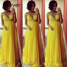 Vestido de maternidad de Chifón con cuentas de cristal para mujer, ropa de noche elegante de imperio amarillo, mangas cortas, largo, Formal, para fiesta, graduación 2024 - compra barato