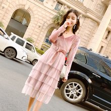 Vestido tendência 2019 estilo coreano, roupas da moda estilo coreano, temperamento em v, vestido de renda fina, veludo, manga comprida, roupa pingente 2024 - compre barato