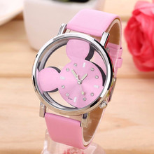 Relojes de cuarzo con dibujos animados de Mickey para mujer, pulsera de cuero con esfera hueca transparente 2024 - compra barato