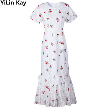 Yilin kay 2019 high-end nova moda verão vestido feminino pequeno branco cereja impressão vestido de renda maxi 2024 - compre barato