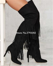 Ladies Sexy Pointed Toe White Black Camel Suede Leather Long Tassels Super Thin Heel Over Knee Boots Fringed High Heel Long Boot 2024 - buy cheap