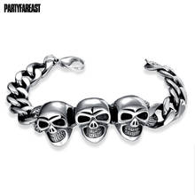 PF Stainless Steel 3 Skull Concatenation Link Chains Bracelet Men Silver Skeleton Bangles Male Bracelets Punk Rock Jewelry Free 2024 - buy cheap