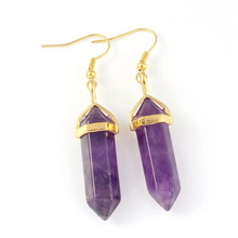 100-Unique 1 Pair Simple Style Light Yellow Gold Color Hexagon Column Natural Purple Amethysts Earrings 2024 - buy cheap