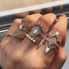 10PCS/Set Best Selling Explosion New Heart Ring Set Romantic Crystal Circle Gold Rings Bohemia Style Chain Shape Rings For Women 2024 - buy cheap