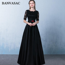 BANVASAC Lace O Neck Bow Sash 2018 A Line Long Evening Dresses Party Illusion Embroidery Half Sleeve Prom Gowns 2024 - buy cheap
