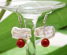 Qingmos Natural 12-15mm White Freshwater Biwa Pearl Earrings for Women with 6mm Round Red Coral beads Dangle Hook Earring-ear444 2024 - buy cheap