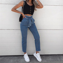 2018 Women Hight Waisted Loose Bow Bandage Hole Denim Cotton Jeans Stretch Pants Jean Office Lady Style Fits Four Seasons 2024 - buy cheap