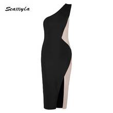 Seamyla Sexy Celebrity Party Dress 2019 Women One Shoulder Patchwork Bodycon Bandage Dresses Knee Length Runway Black Vestidos 2024 - buy cheap