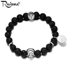 RUIMO Unisex Stainless Steel Lion Head Black Lava Natural Stone Beads Bracelet Strength Charm Stretch Bracelets for Men Jewelry 2024 - buy cheap
