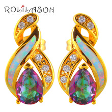 ROLILASON Trendy Rainbow Color Zircon White Fire Opal 925 Silver Gold color Hot Sell Stud Earrings Fashion Opal Jewelry OE664 2024 - compre barato