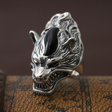 FNJ Punk Wolf Ring 925 Silver Jewelry Fashion S925 Sterling Thail Silver Rings for Men Adjustable Size 8.5-11 bague Black Stone 2024 - buy cheap