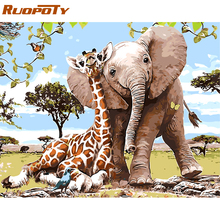 Ruopoty quadro girafa e elefante pintura por números diy, arte de parede moderna, imagem pintada à mão, pintura a óleo para decoração de casa 40x50 2024 - compre barato