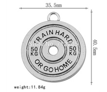 Fitness Weightlifting Gym antique silver plated Sporty Round " Train Hard or Go Home " Barbell 50KG Weight Plate Charms 2024 - buy cheap