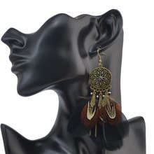 Bronze Alloy Feather Tassel Drop Earrings For Women African Indian Tribe Brown Black Feather Pendant Bohemian Jewelry Gift 2024 - buy cheap