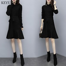 2018 Black Sexy With Sashes Knitted Dress Women Slim Casual Autumn Winter Ladies Long Sleeve High Waist Sweater Dresses Vestidos 2024 - buy cheap