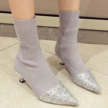Блестящие ботинки-носки с острым носком, женские вязаные ботинки-слипоны, женские ботинки с кристаллами на низком каблуке, осень/зима, эластичные тканевые носки, ботинки 2024 - купить недорого