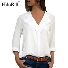 HiloRill Women Blouses 2021 Solid Long Sleeve Chiffon Blouse Cute Double V-neck Blouse Shirt Office Shirt Tops Chemise Femme 2024 - buy cheap