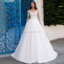 Modest Satin A Line Wedding Dresses 2020 Off the Shoulder Vestidos De Noiva Long Sleeves Lace Appliques Court Train Bridal Gown 2024 - buy cheap