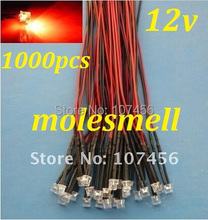 Free shipping 1000pcs Flat Top Red LED Lamp Light Set Pre-Wired 5mm 12V DC Wired 5mm big/wide angle red 12v led 2024 - buy cheap