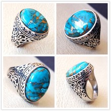 Новое серебряное кольцо с инкрустированным винтажным камнем, натуральный большой голубой камень, тайское Серебряное кольцо для мужчин и женщин, модные серебряные кольца, ювелирные изделия в подарок 2024 - купить недорого