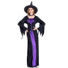 Женский костюм ведьмы на Хэллоуин для взрослых, сексуальные фиолетовые подтяжки, платье, шляпа, Женский костюм для карнавала Вечерние 2024 - купить недорого