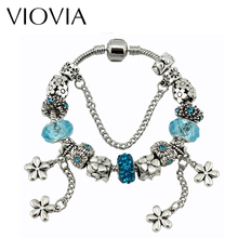 VIOVIA-Pulseras de cadena de Color plata antigua, brazaletes con colgante de flor azul, pulseras románticas nupciales, B15170 2024 - compra barato