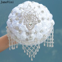 JaneVini Luxury Crystal Rhinestone White Satin Rose Wedding Bridal Bouquet Artificial Flower Bouquet Bruidsboeket Buque De Noiva 2024 - buy cheap