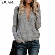 LOGAMI Deep V Neck Sexy Pullover 2018 Autumn Women Fashion Loose Knitting Sweaters Female 2024 - buy cheap