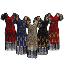Женское вечернее платье Great Gatsby, сексуальное платье с коротким рукавом и v-образным вырезом, с вышивкой и бахромой, расшитое бисером, с бахромой 2024 - купить недорого