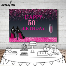 Sensfun Hot Pink Glitter Black Photography Backdrop High Hells Wine Glass Women Happy 50th Birthday Party Backgrounds 7x5ft 2024 - buy cheap